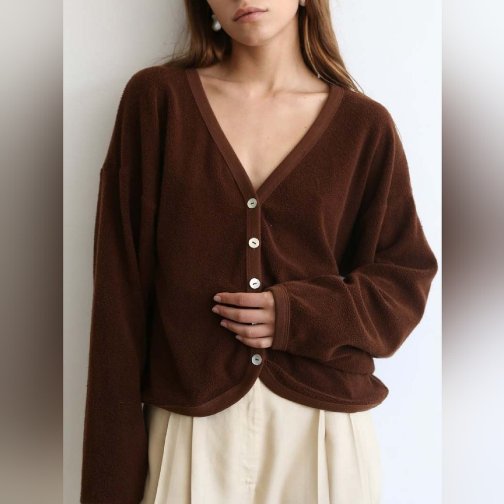 DONNI Brushed Terry Brown Cardigan Sweater Relaxed Fit